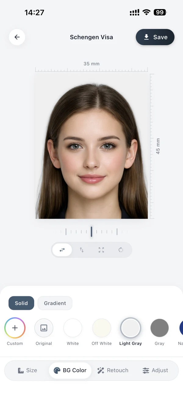 AuraID face alignment and crop preview inside the exact 35 by 45 millimetre canvas