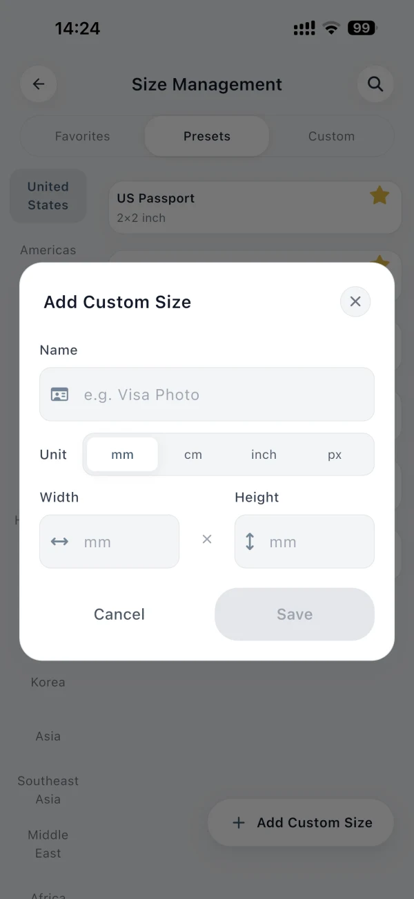 AuraID custom photo size controls
